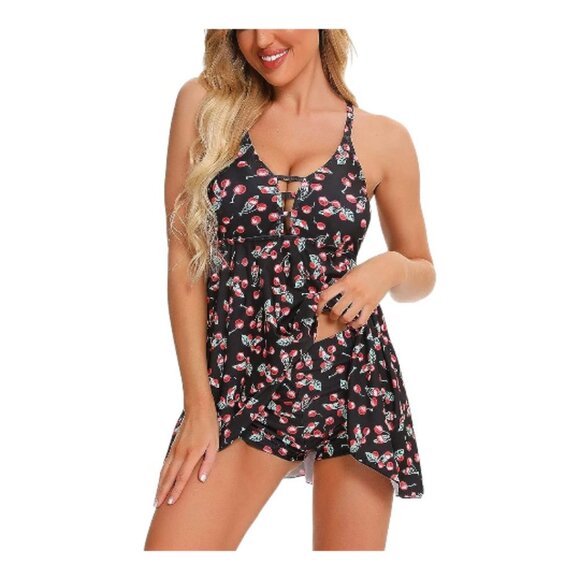 Black Cherry Cherries Print Tankini Top Shorts Swimsuit Size Med NWT #1300 - Picture 2 of 3